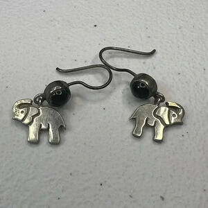 925 Sterling Silver Black Onyx Elephant Dangle Earrings Vintage Animal Boho Cute